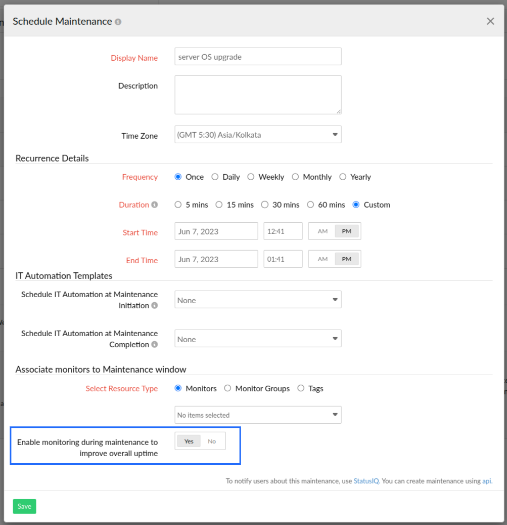 enable monitoring during maintenance