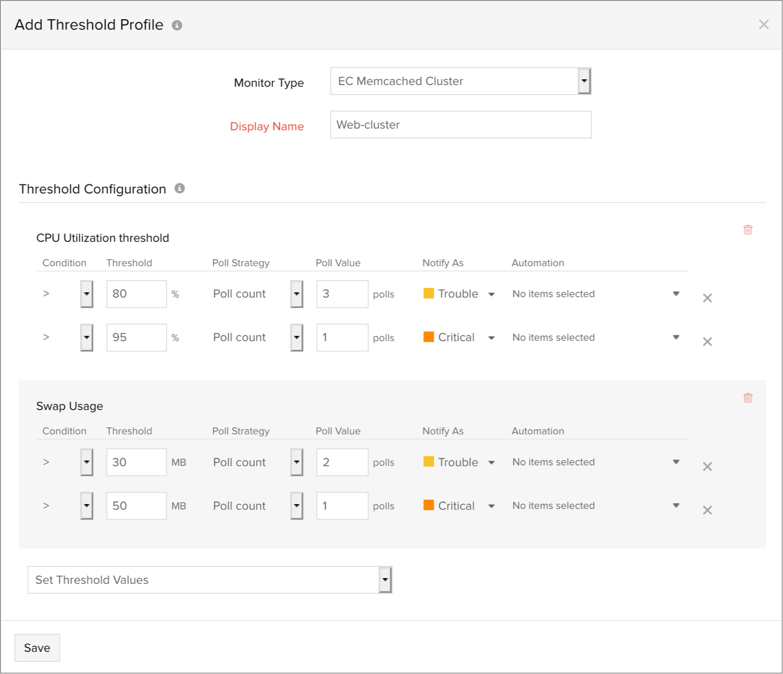 Configure thresholds for ElastiCache Memcached clusters