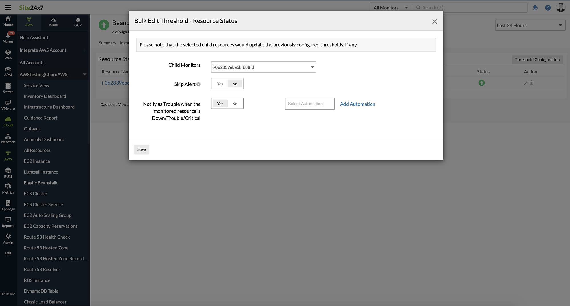 Threshold configuration for AWS monitored resources