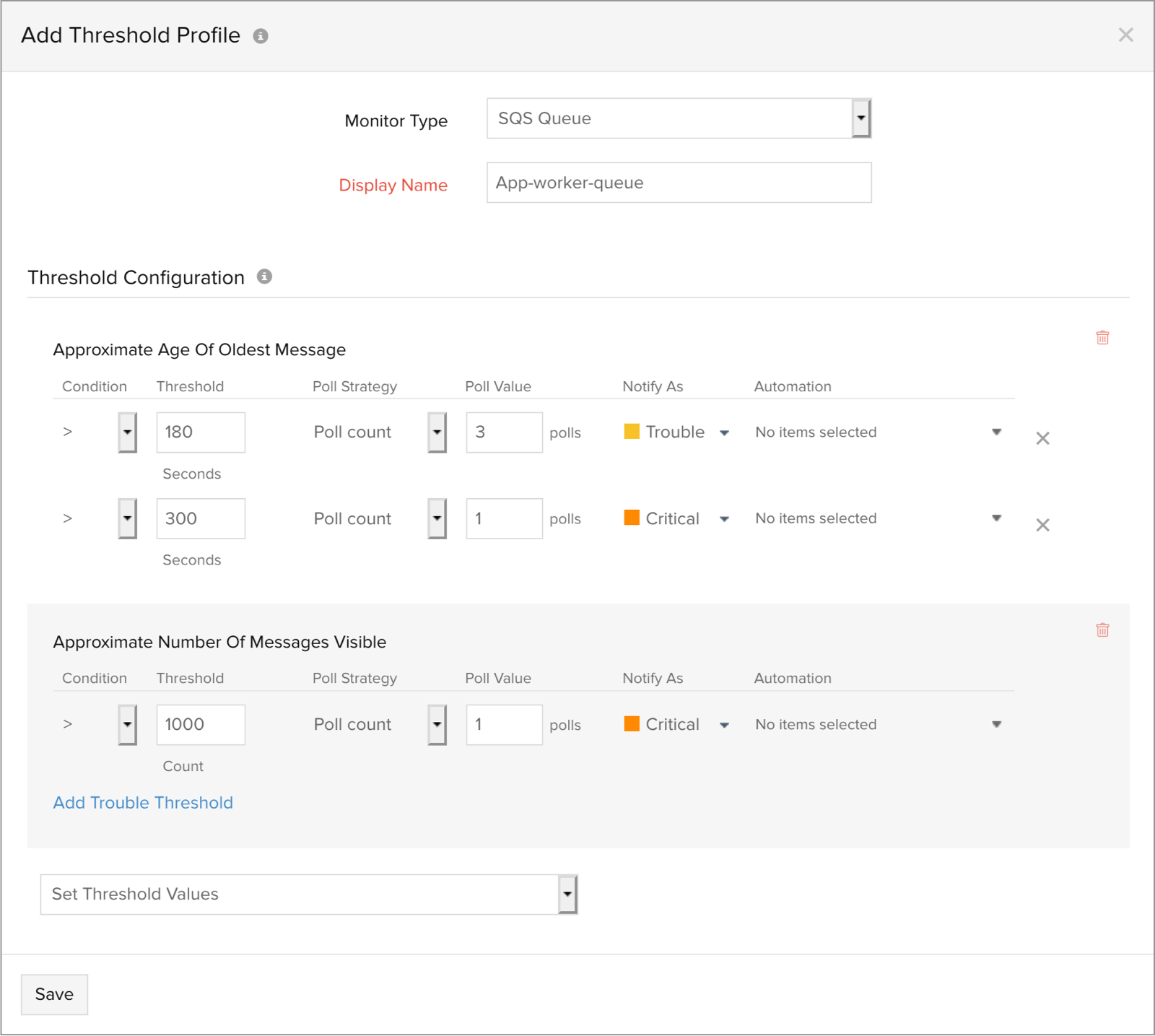 Set up thresholds to monitor queue health