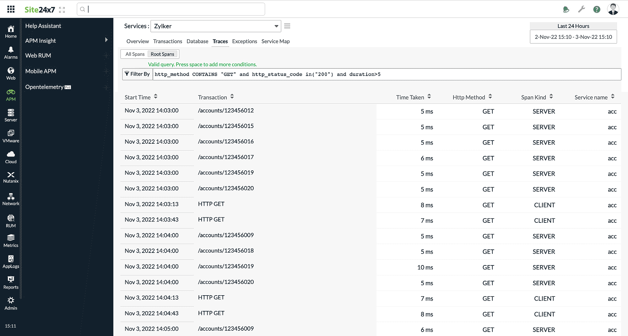 Filter By option in Traces tab of Opentelemetry