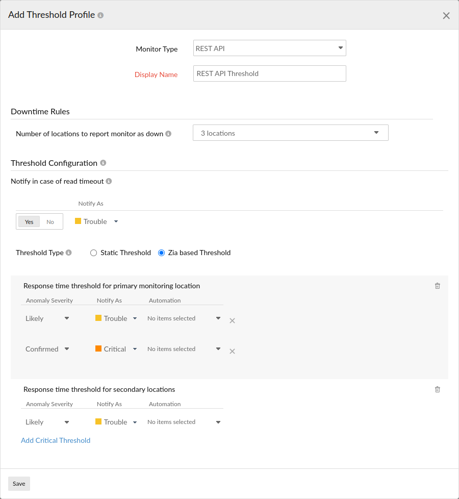 Learn how to configure threshold related settings for a Rest API monitor