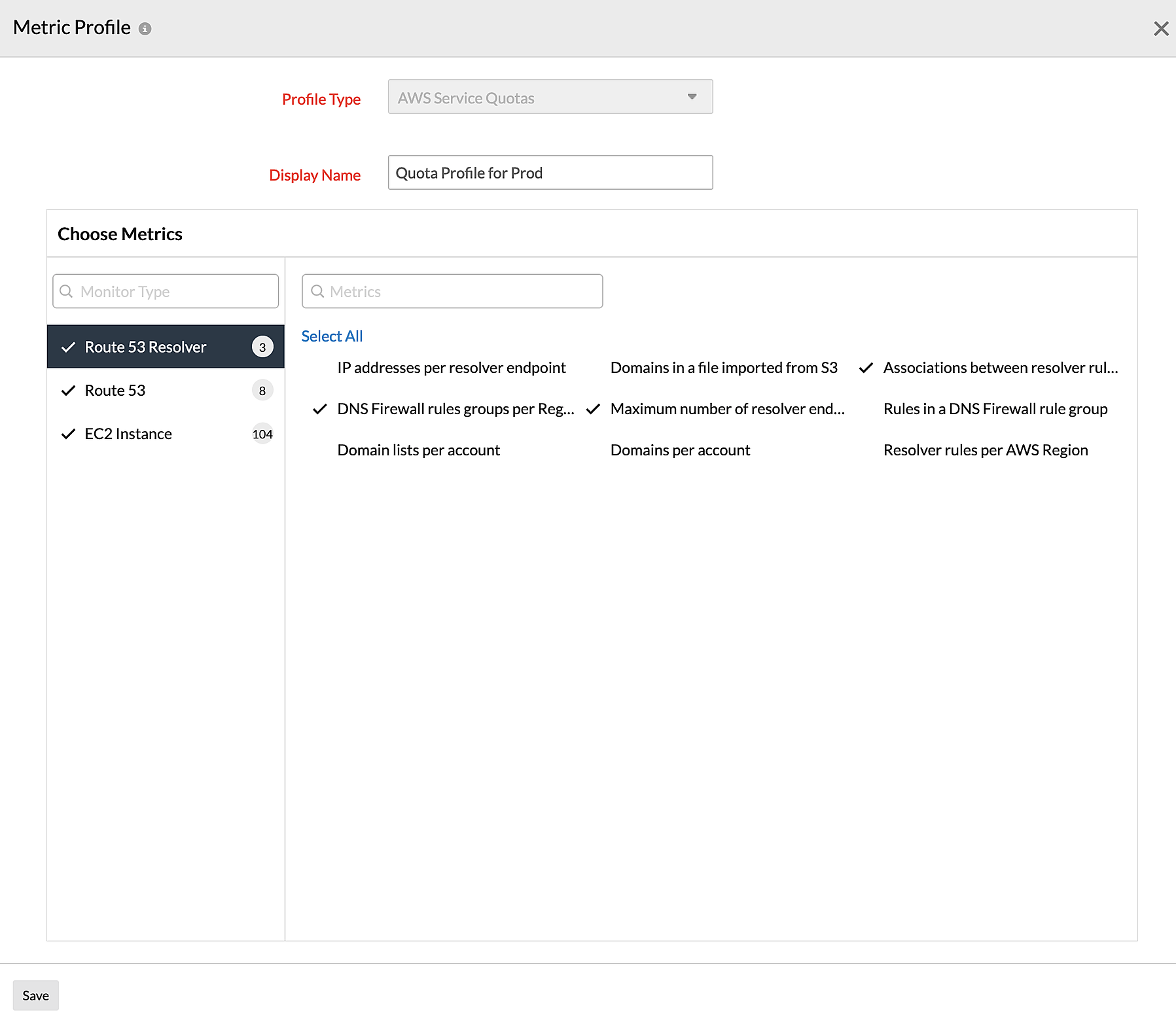 Configuring Metric Profiles for Service Quotas