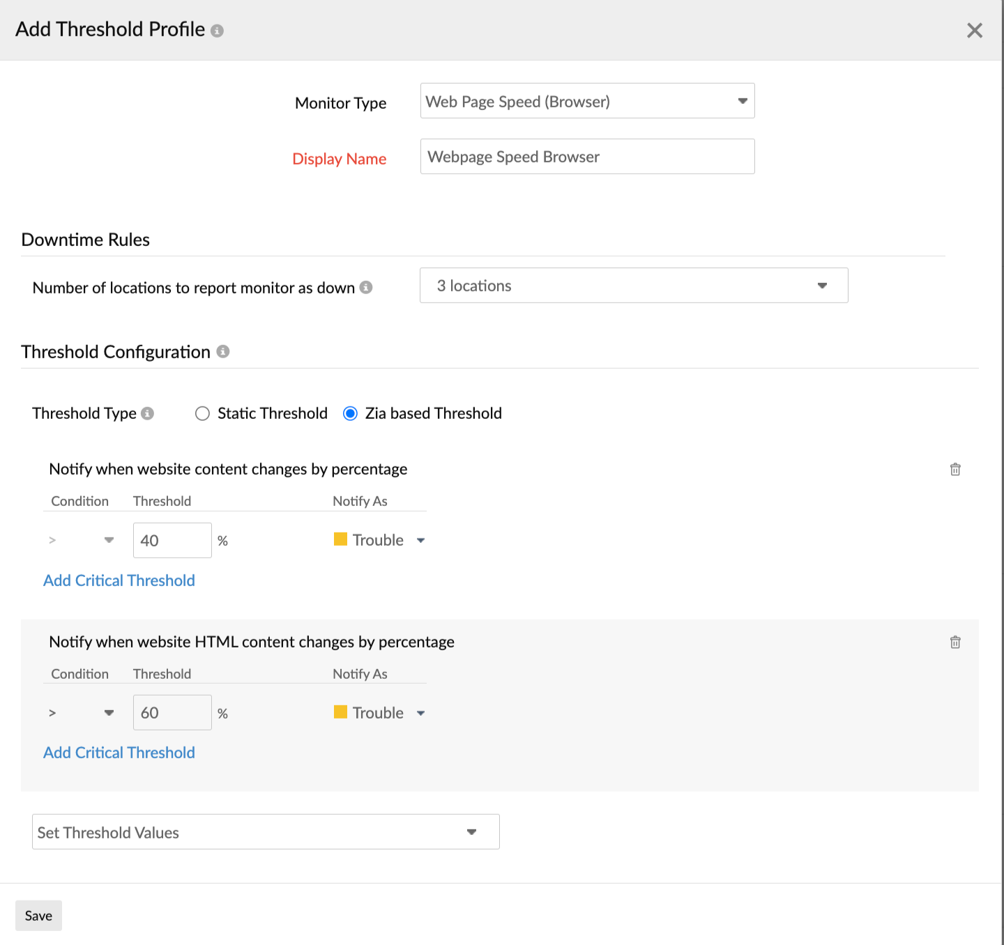 Learn how to configure threshold settings for a web page speed (browser) monitor